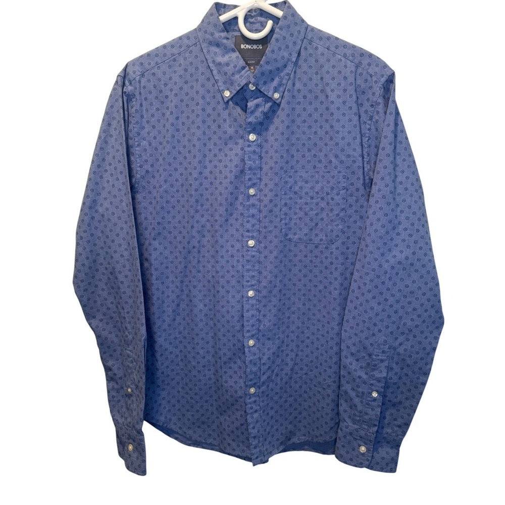 Bonobos Mens Slim Fit Blue Geometric Floral Print Cotton Button Down Shirt M